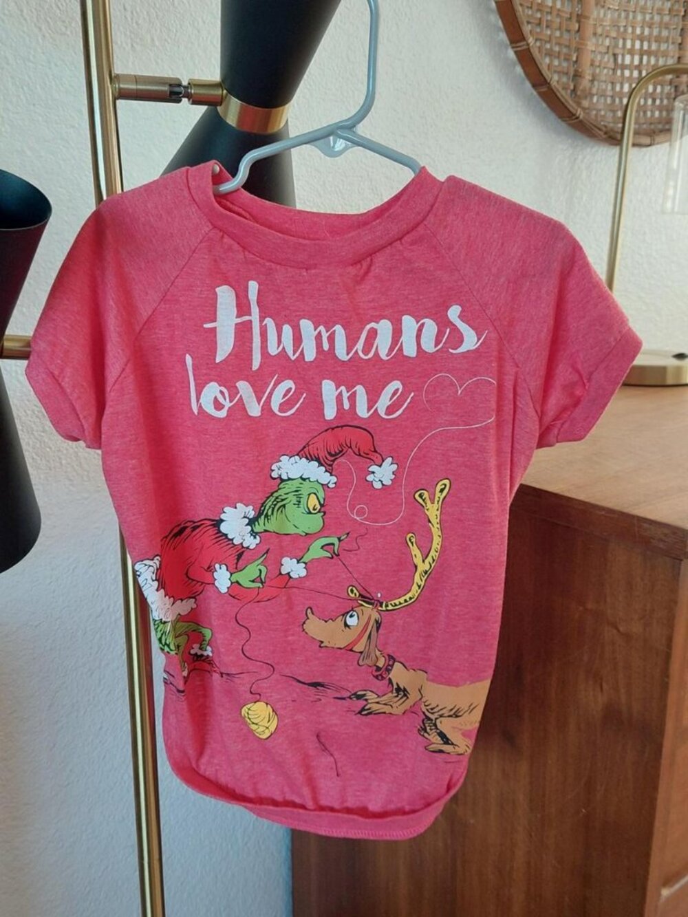 Dr. Seuss The Grinch "Humans Love Me" Pet T-Shirt Red Holiday Dog Clothes Size X